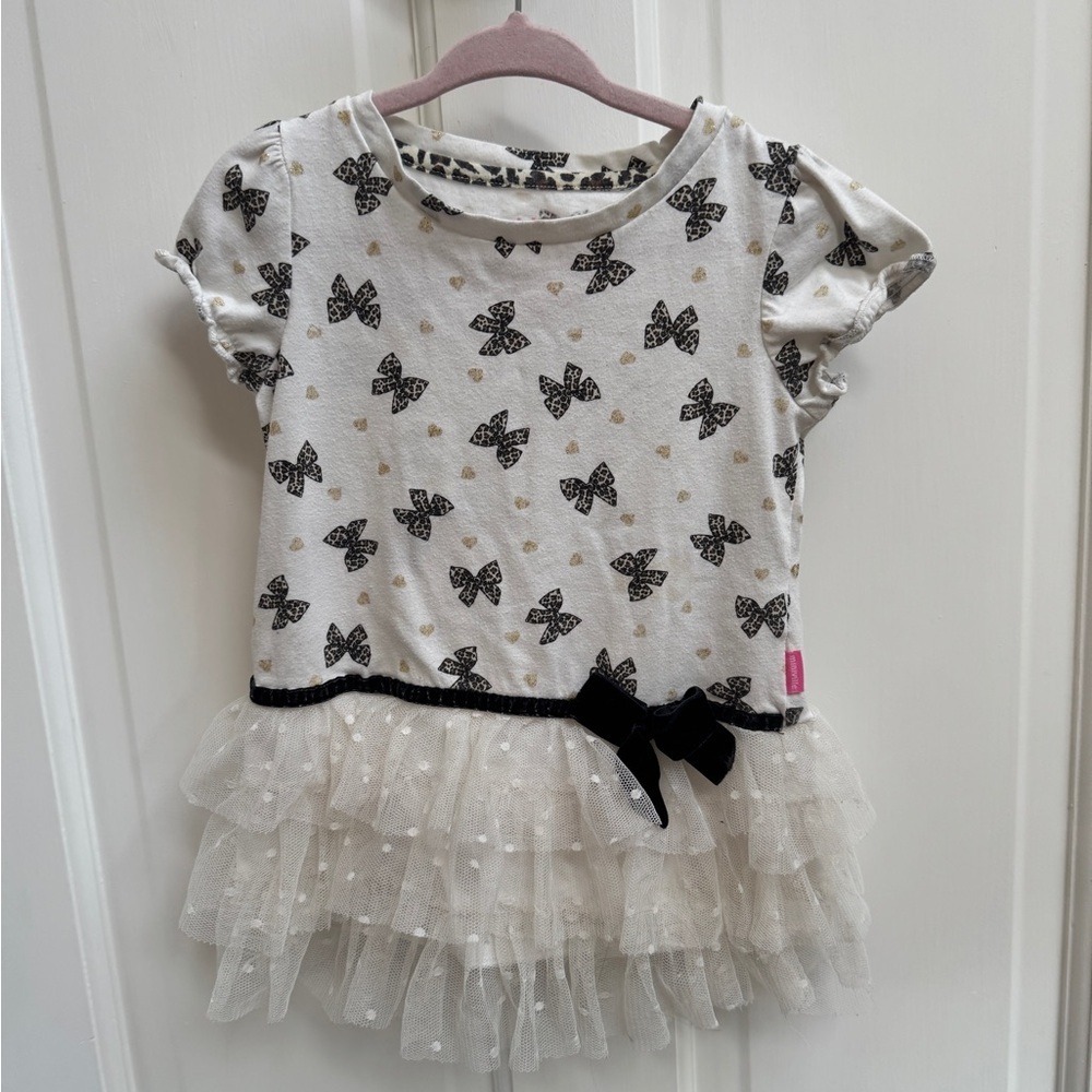 Miniville 3T Girls White & Black Leopard Bow Short Sleeve Blouse Top Tulle